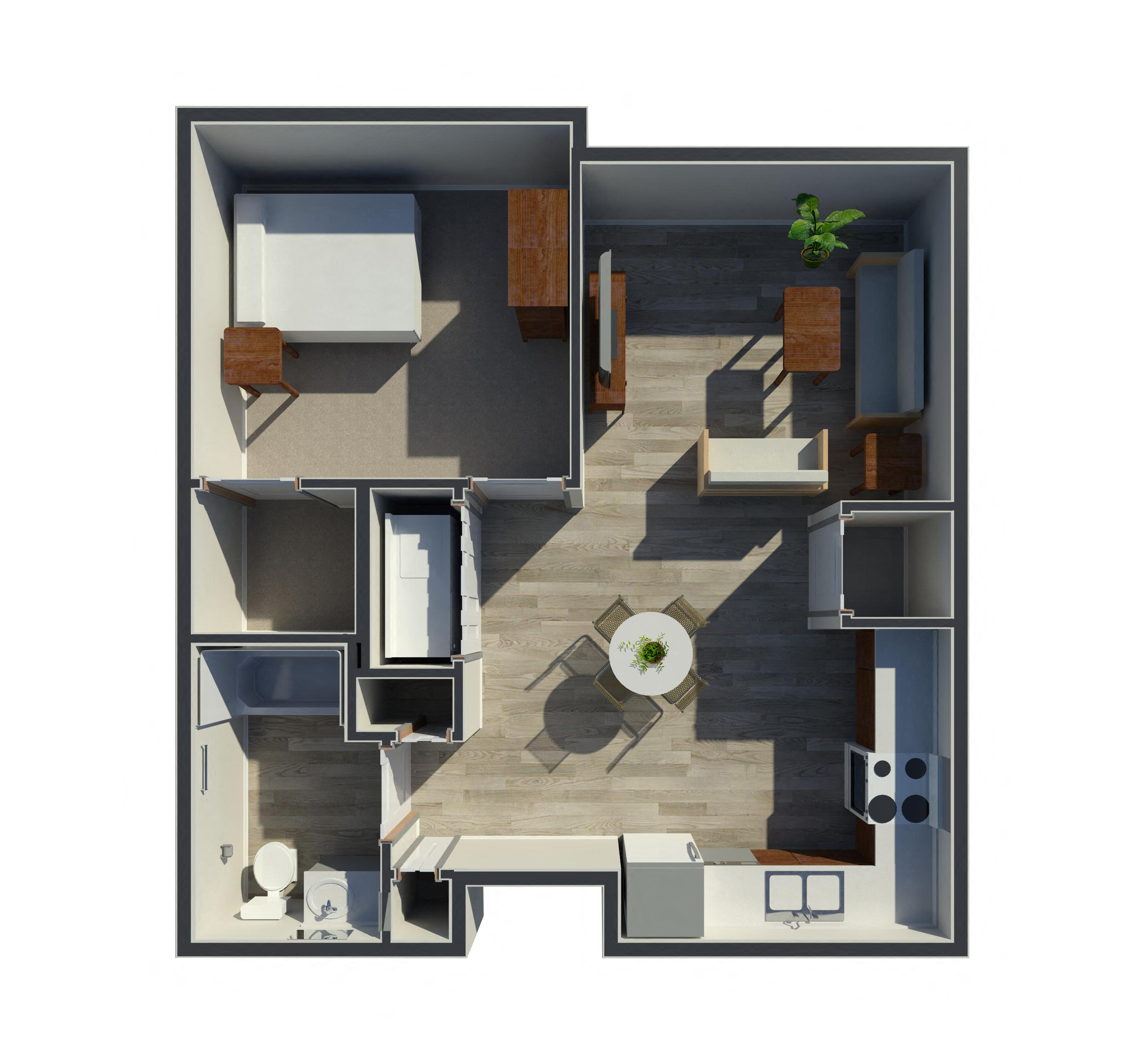 Floor plan for 1 bed, 1 bath, 710 sqft